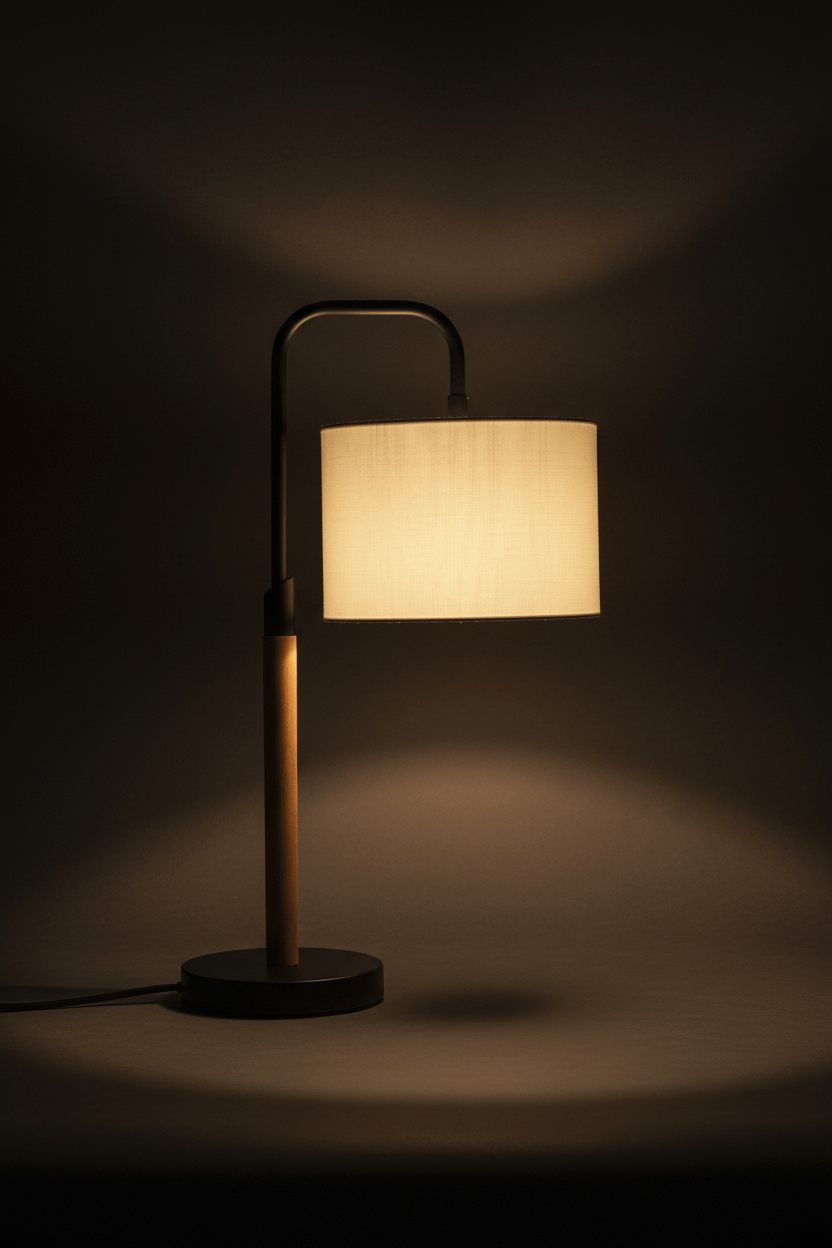 Minimalist Wood & Metal Desk Lamp – dark moody editorial
