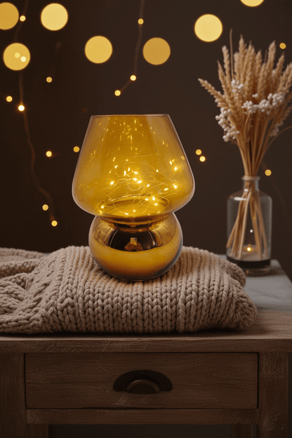 Enchanted Mushroom Glass Lamp – cozy lifestyle with bokeh lights