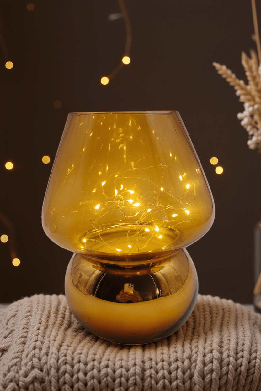 Enchanted Mushroom Glass Lamp – close-up fairy lights detail