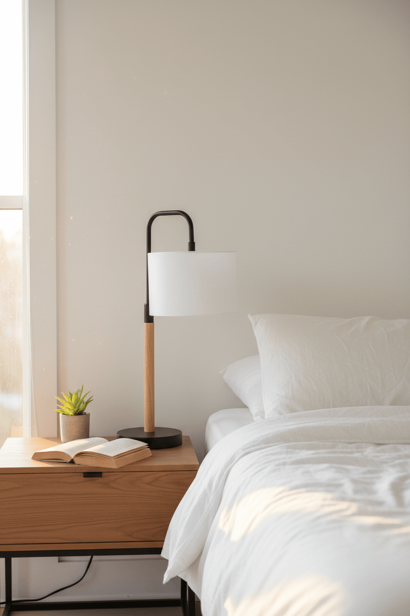 Minimalist Wood & Metal Desk Lamp – modern bedroom lifestyle